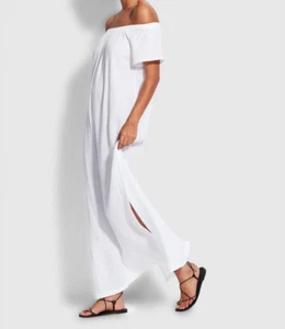 Seafolly XS (8AUS) Double Cloth Off Shoulder Strapless Dress WHITE RRP $129.95 - Picture 1 of 7