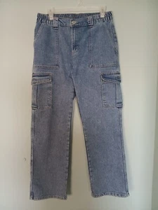 excuse Cargo Jeans Womens Size L Elastic Waist Straight Pockets Blue - Picture 1 of 11