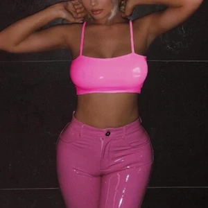 Sexy Bright Pink PU Pleather PVC Crop Top Summer Clubwear Midriff Tank Tee - Picture 1 of 15