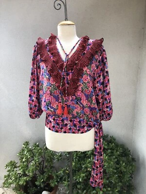 Blusa de babado vintage anos 80 Diane Freis tamanho M poliéster - Imagem 1 de 4