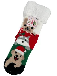 Mujer Rojo y Verde Sherpa Cachorro Perro Temático Navidad Vacaciones Zapatilla Calcetines - Imagen 1 de 5