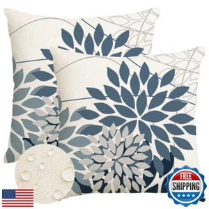 RABUSOFA Outdoor Pillow Covers 18x18 Inch Set of 2 Gray Blue Flower Decorativ - Picture 1 of 5