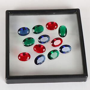 48 Ct./12 Pcs Oval Cut Emerald, Red Ruby & Blue Sapphire Mix Loose Gemstones Lot