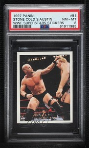 1997 Panini WWF Superstars Album Stickers Steve Austin Owen Hart #51 PSA 8 HOF
