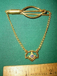 Vintage Gold Tone Tie Clip with Chain and Masonic Emblem - B - Picture 1 of 4