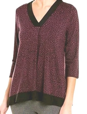 Donna Karan Sleepwear Modal Knit Top Size Large Sleep Shirt Burgundy Print - Image 1 of 4