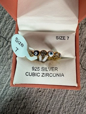 NUEVO EN CAJA Anillo Rachel Zoe Plata 925 Vermeil Circonita Cúbica Mal de Ojo Talla 7 Foto 1 de 4