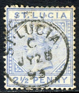 ST LUCIA Queen Victoria 1891 2½d Die II Ultramarine Watermark Crown CA SG 46 VFU - Picture 1 of 2