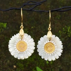Flower Earrings Mother-of-Pearl & Vermeil Gold-plating on Sterling Silver 4.76g - Picture 1 of 12