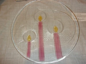 Vtg Christmas Plate Glass 13" NOS USA Red Candles Handmade Fine Maker L.E Smith - Picture 1 of 9