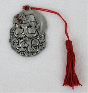 Avon PEWTER Christmas Tree ORNAMENT Santa Face Stocking Cap Red Stone Pouch 2012 - Picture 1 of 6