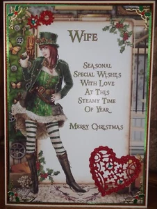TARJETA DE NAVIDAD HECHA A MANO PERSONALIZADA ESPOSA VICTORIANA STEAMPUNK SEXY DAMA EN VERDE - Imagen 1 de 4