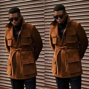 Brown Soft Suede Men Safari Jackets with Belt Four Pockets Casual Hunting Coat - Picture 1 of 8