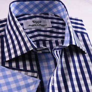 Camicia abito da lavoro formale classico blu check francese doppio polsino fodera interna - Foto 1 di 8