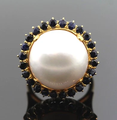TRAUMHAFTER RING AUS 750er GELBGOLD MIT 1 MABEPERLE UND 24 SAPHIREN Wert 4990,- - Bild 1 von 4