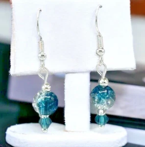 Aqua Crackle Glass Drop Earrings, Silver Dangle Crystal hand made - Picture 1 of 1