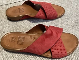 *FitFlop Lulu Sz 10 US Cross Perforated Leather Slides Sandals Red/Cognac - Picture 1 of 11