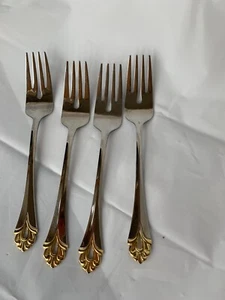Pfaltzgraff Lorraine Gold Accent Pierced Tip Stainless Flatware 4 Salad Forks - Picture 1 of 8