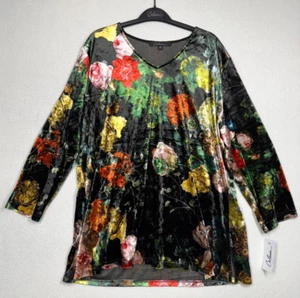 Calessa Shirt Damen Größe 1X schwarz Blumenmuster Samt Strick Tunika künstlerisch Boho neu mit Etikett - Bild 1 von 12