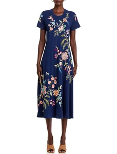 BNWT Johnny Was Julianna Crewneck Embroidery Cotton Swing Dress Blue Night M 198 - Bild 1 von 8