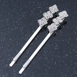 2 Bridal/ Prom Crystal Fancy Hair Grips/ Slides In Rhodium Plating - 55mm Across - Picture 1 of 4