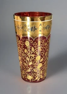 Antique Moser Cranberry Juice Glass/Tumbler Gold Scrolls 19thC 4” Bohemia - Picture 1 of 19