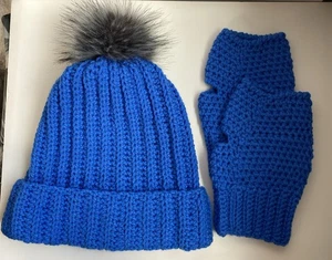 Handcrafted Homemade Crochet Stocking Cap Bright Blue With Finger-out Mittens - Picture 1 of 7