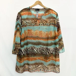 Vtg Maggie Barnes Animal Print Mob Wife Blouse Top Size 3X Sequin Sheer Artsy - Picture 1 of 13