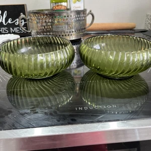 Vintage Anchor Hocking Avocado Green Swirl Glass 6" Bowls Set Of 2 - Picture 1 of 6