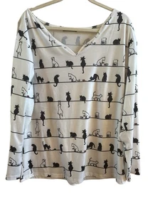 Camisa de manga larga C.O.Z.Y para mujer talla grande negra blanca gato - Imagen 1 de 7