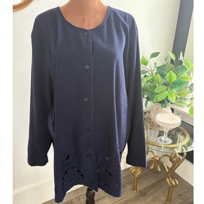 Jane Ashley Navy Blue Button Down Tunic Top Long Sleeve Laser Cut Details - Image 1 of 4