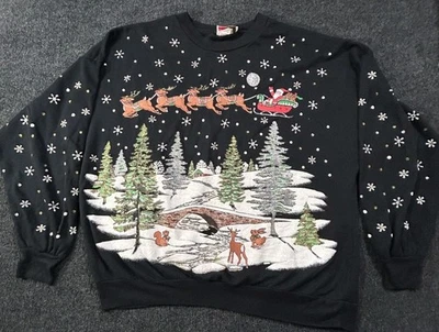 Suéter Sudadera Vintage Cascanueces Negro Navidad Santa Reno Nieve AOP L Foto 1 de 4