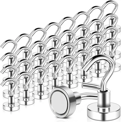 MAGXCENE 32 Pack Magnetic Hooks Heavy Duty, 25 lbs Strong Magnet 16mm_32pcs, Silver