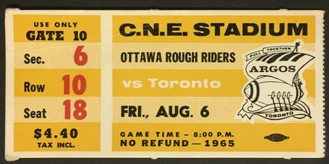 1965 C.N.E. Stadium CFL Football Season Opener Ticket Ottawa vs Toronto Argos Cover