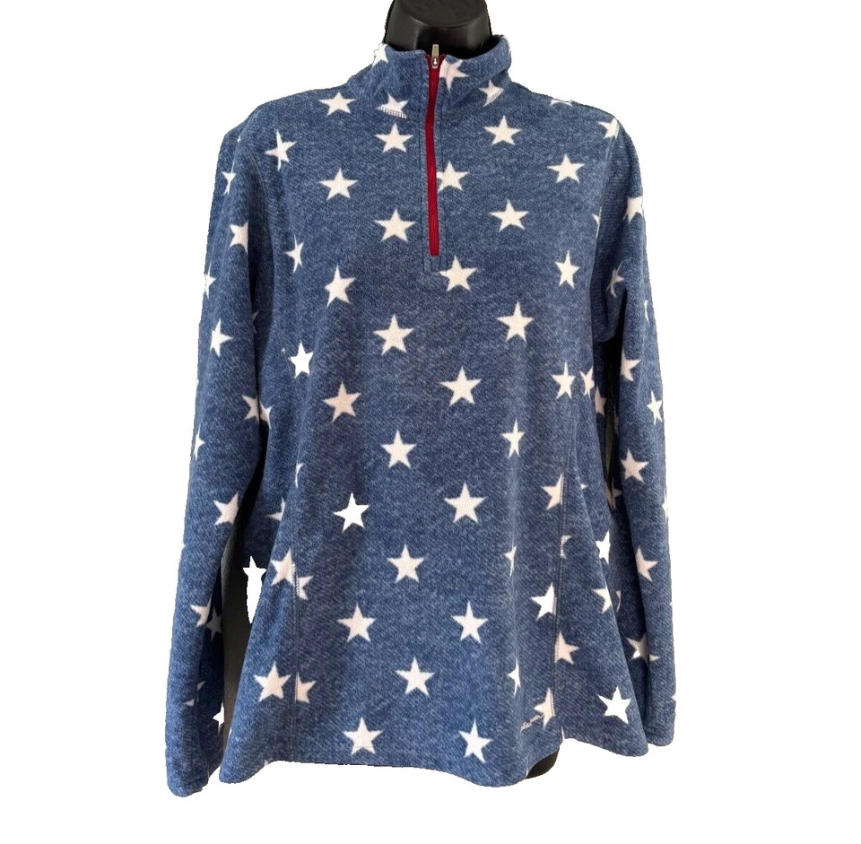 Pullover polar Eddie Bauer 1/4 cremallera para mujer grande azul con estrellas blancas manga larga Foto 1 de 4