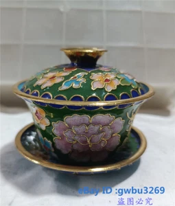 Chinese Cloisonne Handmade Peony Flower Butterfly Bowl Cup Set 30049 - Imagen 1 de 8