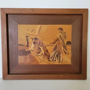 Quadro Gesù che porta croce in legno intarsiato con cornice vintage - Foto 1 di 6