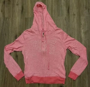 Victorias Secret Pink Zip Up Hoodie Womens Medium Pink Peach Coral Spellout Logo - Picture 1 of 10