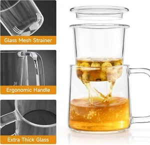 Taza de té de vidrio con mango de tapa infusora de vidrio 430 ml / 14,5 oz calentador seguro, transparente EE. UU. - Imagen 1 de 7
