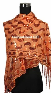 Elegant Lace Paisley Art Scarf Shawl Wrap w/ Sequin & Crochet Fringe, Orange - Picture 1 of 5