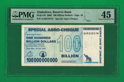 100 Billion Dollars AA 2008 Zimbabwe Special Agro Cheque PMG Certified Authentic - Image 1 of 4