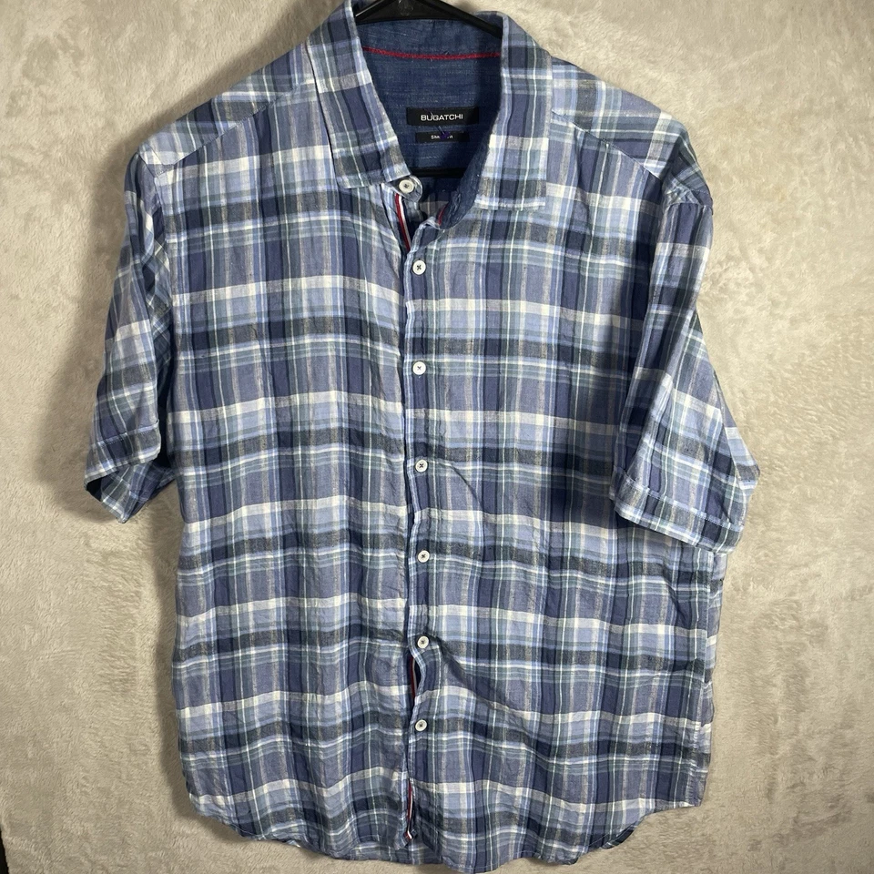 Bugatchi Shirt Adult Large Blue White Striped Linen Shaped Men 2575 - Image 1 of 4