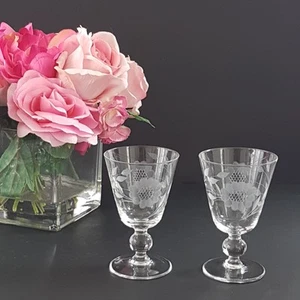 2pc WJ Hughes Cornflower Crystal Water Glasses Etched 12 Petal Bulbous Stem - Picture 1 of 1
