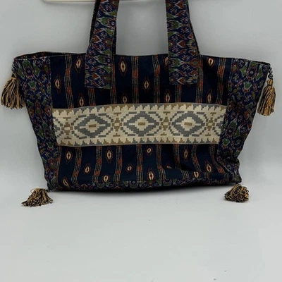 Free People Basel Tassel Patchwork Tote Bag Tribal Print Navy Blue Canvas women - Image 1 of 4