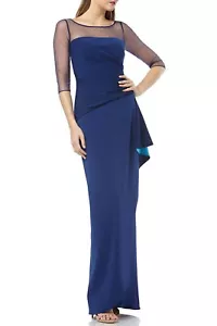 JS COLLECTIONS Navy Turquoise Ruffle Drape Sheer Illusion Stretch Crepe Gown 10 - Picture 1 of 5
