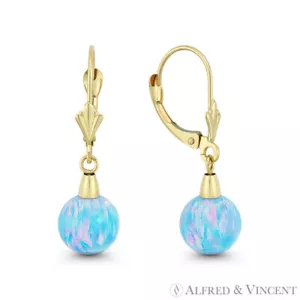 Azure Blue Lab-erstellte Opalkugel 14k Gelbgold Hebel Tropfen hängende Ohrringe - Bild 1 von 7