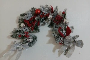Arched Christmas Door Swag 20" Flocked Or Mailbox Swag, Red Bow With Glitter - Picture 1 of 1