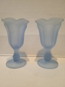 Vintage Parlour Ice Cream Sundae Glasses Blue Satin Frosted Pedastal Ruffled  - Picture 1 of 5