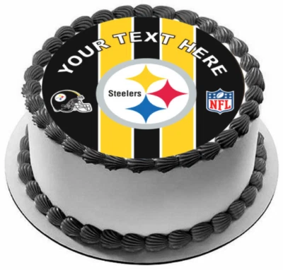 Topper de imagen comestible para pastel de Pittsburgh Steelers. Pegatinas precortadas redondas comestibles. Foto 1 de 3