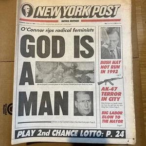 New York Post Newspaper, Free Shipping, 1991 June 17. God Is A Man - Picture 1 of 1